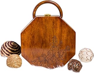 Sitara Sheesham Solid Wood Hexagon Bag | Handcrafted Floral Engraved Wooden Purse for Women | Brass Sling Chain & Crape Lining | Ethnic Party Handbag