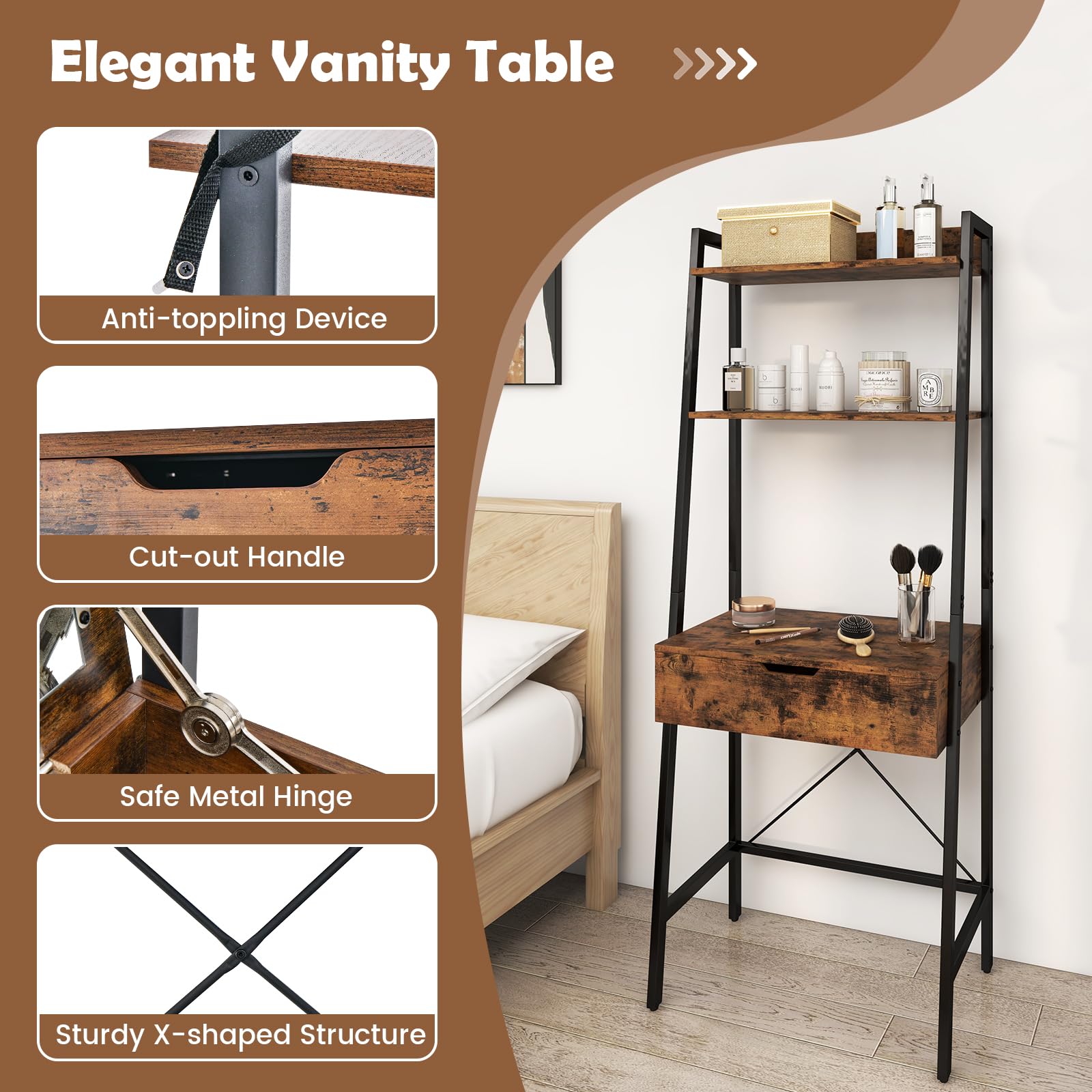 Amazon.com: CHARMAID Ladder Vanity Desk Set - Makeup Vanity Table with Flip  Top Mirror, Cushioned Stool, 4 Storage Compartments, Open Shelves, Girls Dressing  Table for Small Space (Rustic Brown & Black) :