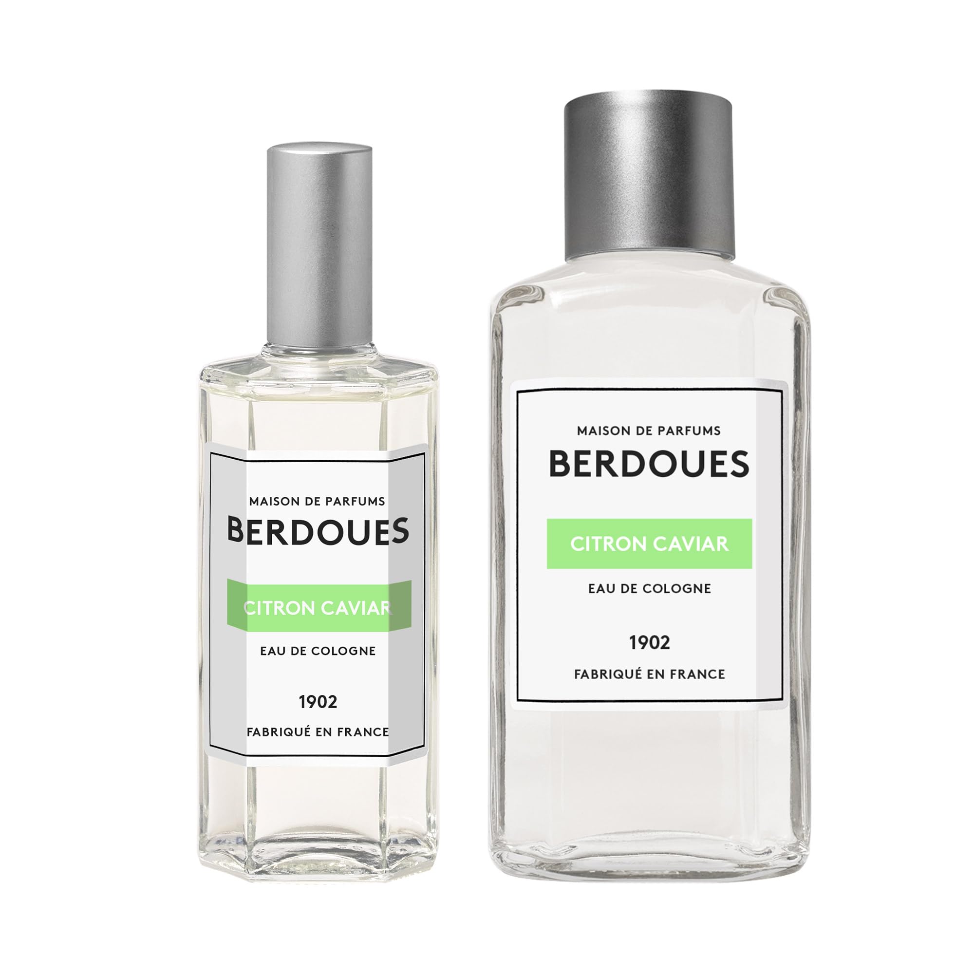 BERDOUES 1902 Eau de Cologne Citron Caviar, Lot Rechargeable, Made in France, Parfum femme, Parfum fleur d’oranger, citron, vétiver, vaporisateur 125ml et recharge 245ml