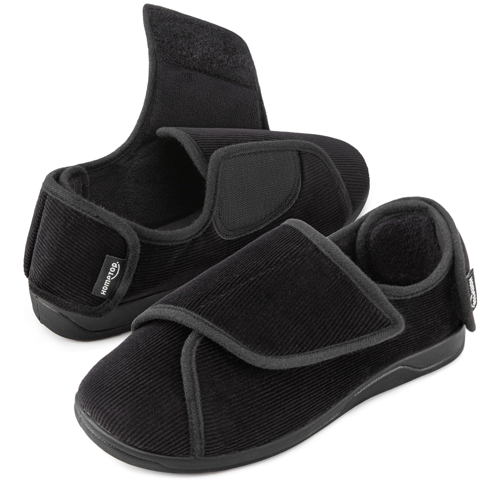 HomeTopMen's Corduroy Slippers Comfy Adjustable Hook and Loop Memory Foam Wide Indoor House Shoes for Diabetic Swollen Feet