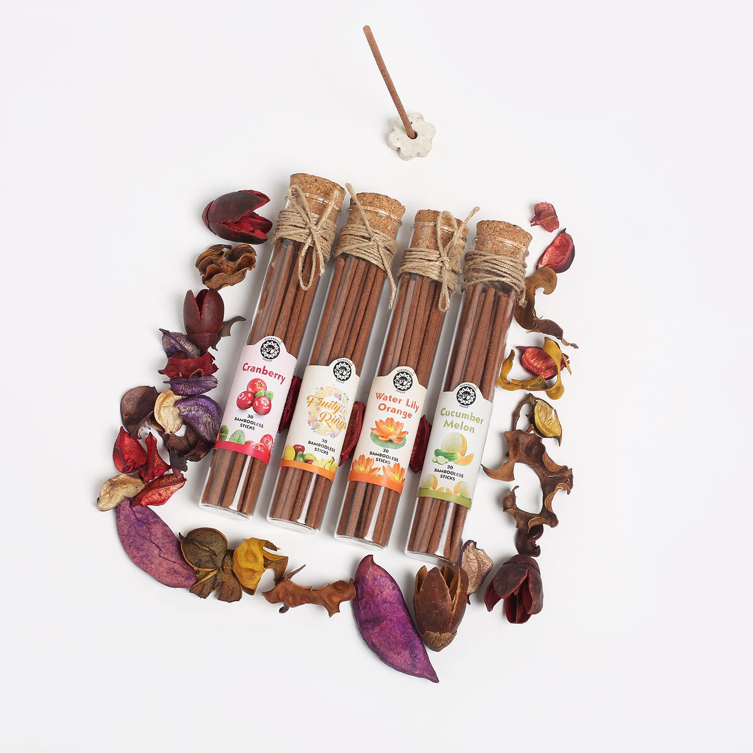 Sudarshan Dhoop, Bambooless, Fruity, Fusion, Fruity Rings, Cranberry, Waterlily Orange, Cucumber Melon