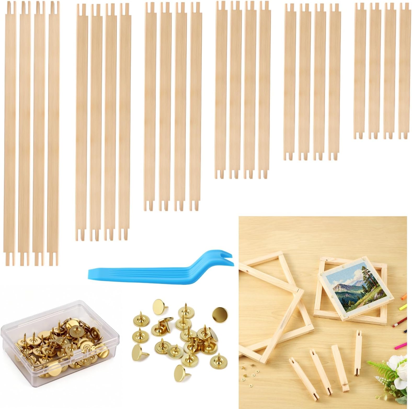 12 Sets Stretcher Bars for Needlework 6 Sizes with Thumbtacks, Storage Box & Tacks Remover, Oil Painting Frame Set with 6 Sizes, Wood Frame Strips Wooden Canvas Stretcher Bars for Embroidery Stitch