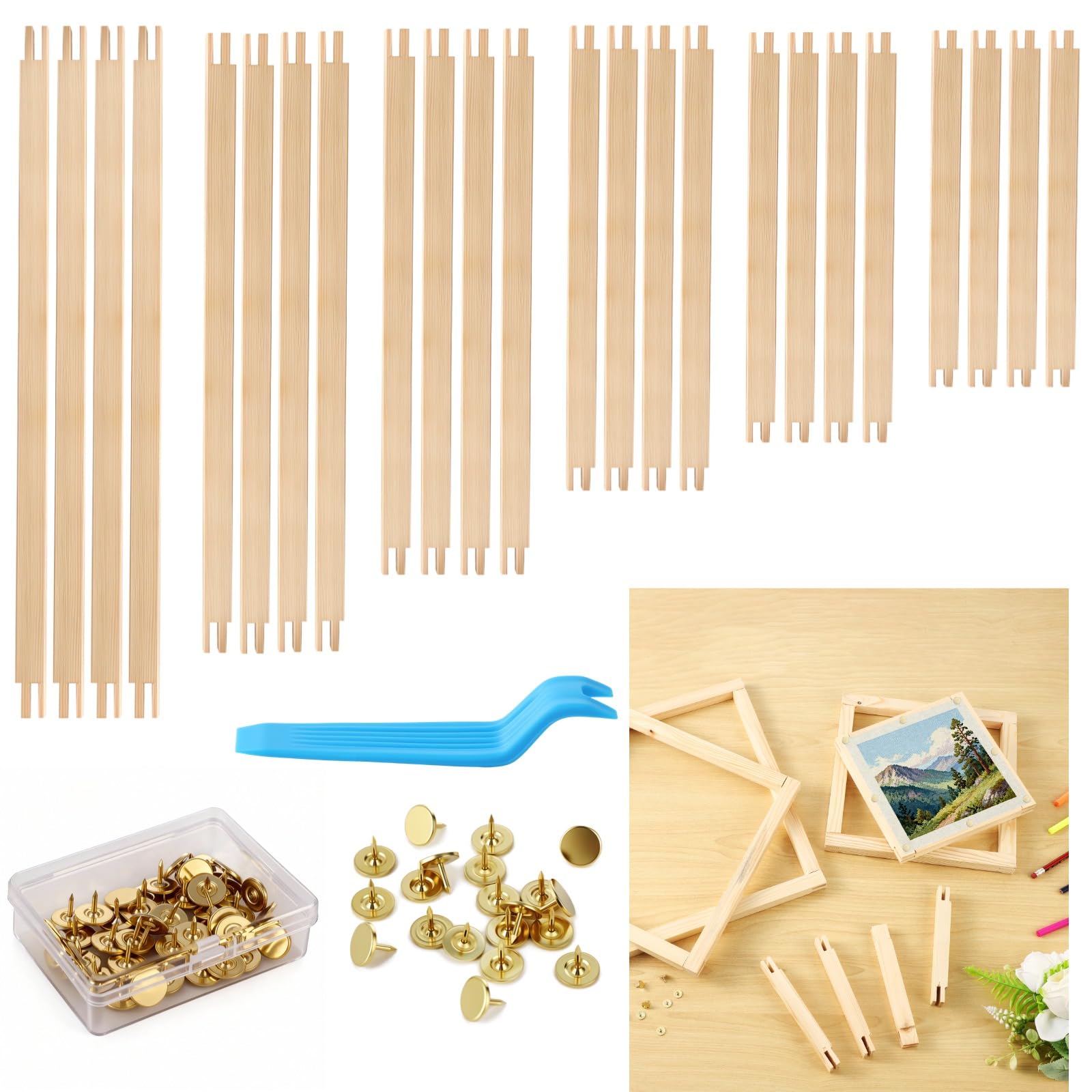 24-teiliges Holz-Leinwand-Spannrahmen-Set mit Reißzwecken, Aufbewahrungsbox und Reißzweckenentferner, Ölgemälde-Rahmenset mit 6 Größen, Holzrahmenleisten, Holz-Leinwand-Spannrahmen für Stickereien