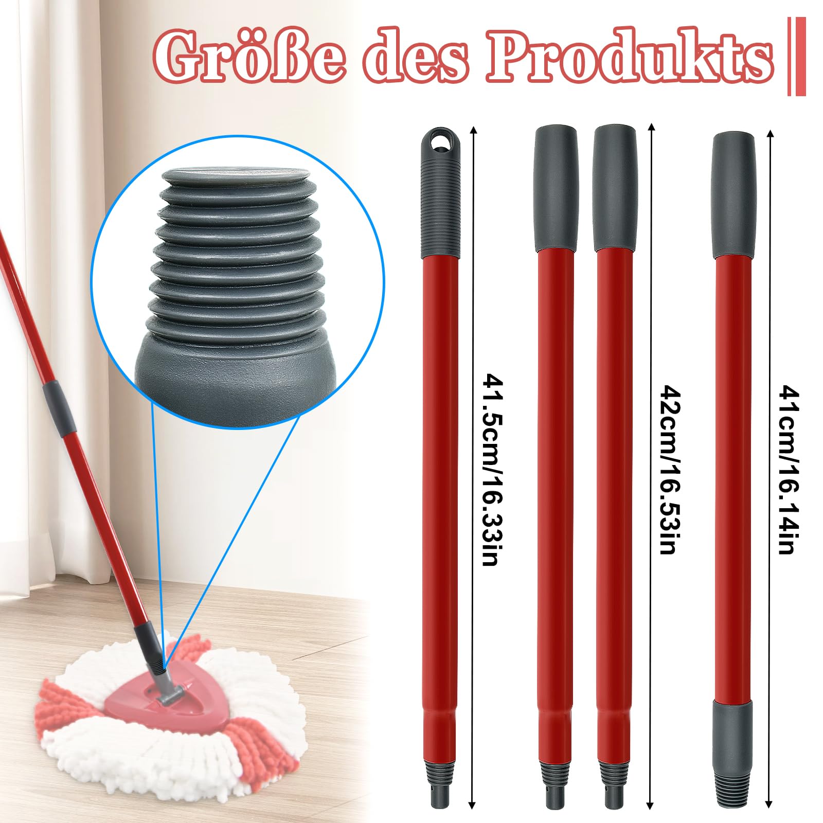 Wischmopp Spin-Mopp-Stiel Ersatz für Turbo Spin/Turbo Smart/EasyWring-Kopf, Verstellbarer Stiel, 4-teiliger Mopp-Ersatzgriff mit Deutschem Gewinde