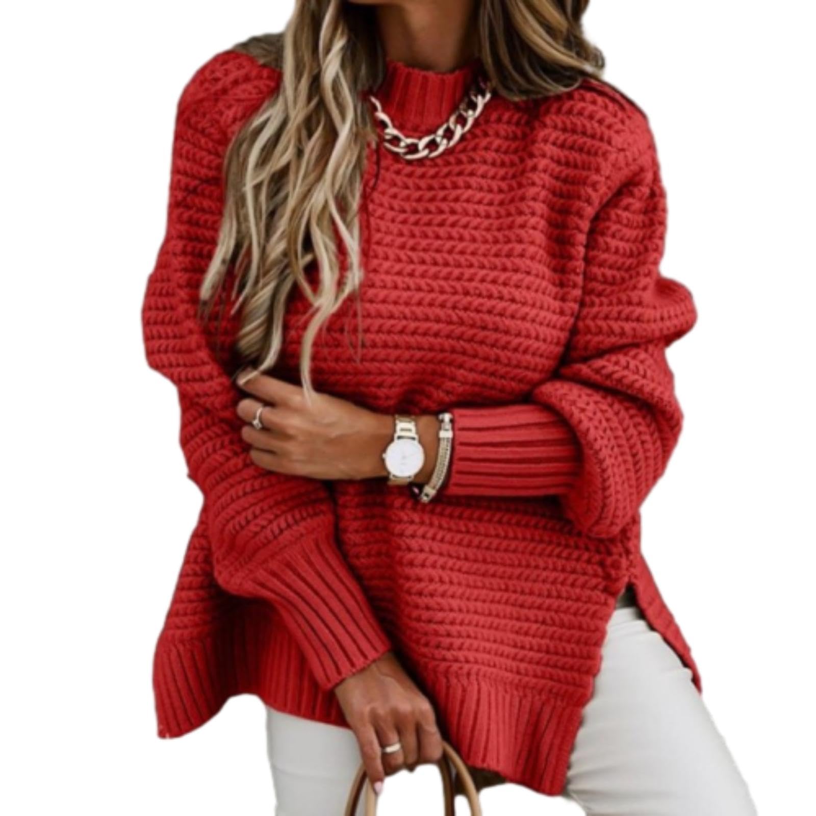 Womens Chunky Knit Sweater Crewneck Batwing Long Sleeve Oversized Pullover Top Textured Knit Side Slit Winter Jumper