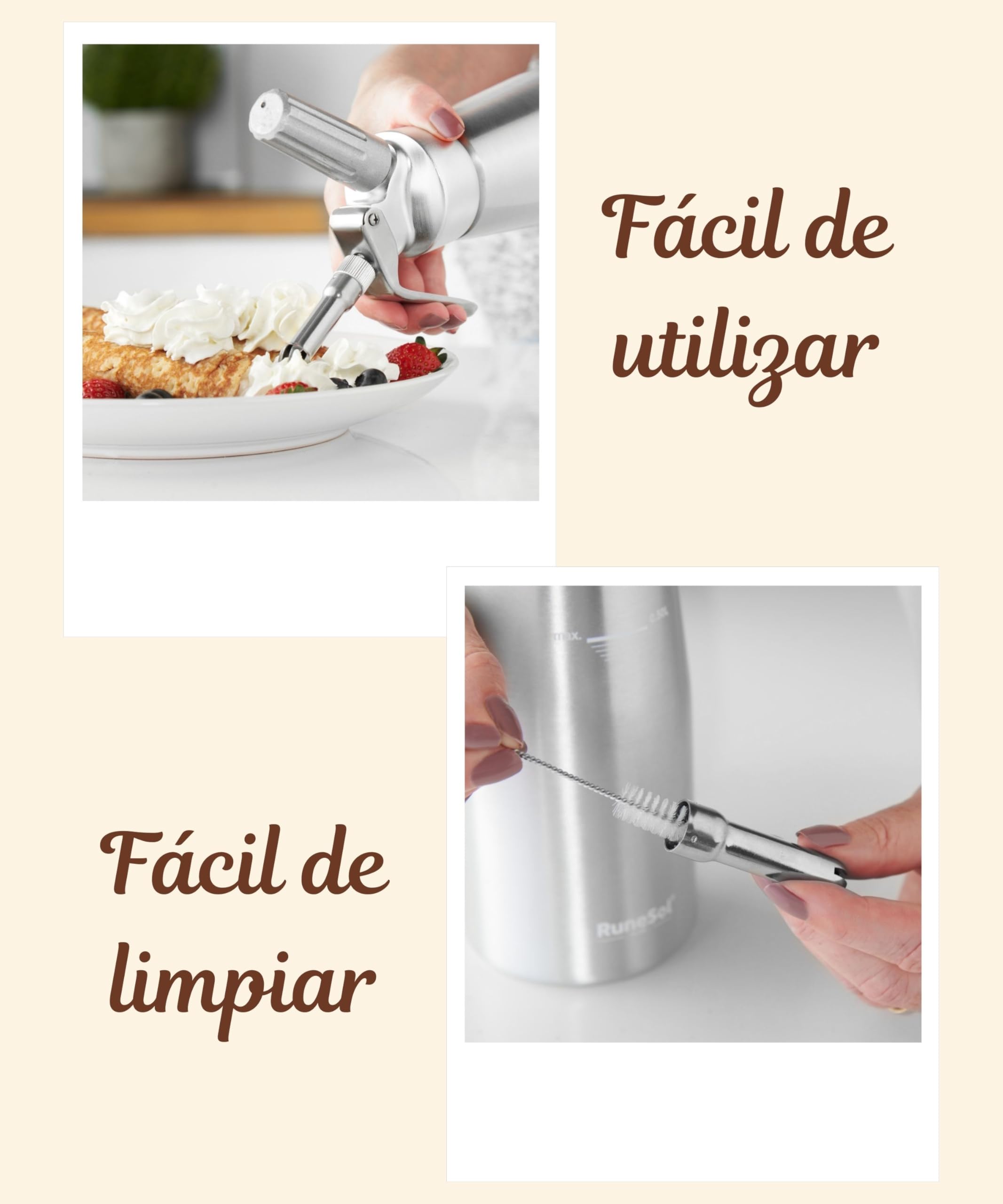 Runesol Sifón de Cocina Profesional Aluminio 500ml, Sin Fugas, 3 Boquillas de Acero Inoxidable, Sifon Cocina para Espumas, Facil de Usar Sifones de Cocina para Postres y Nata Montar, Siphon de Espuma