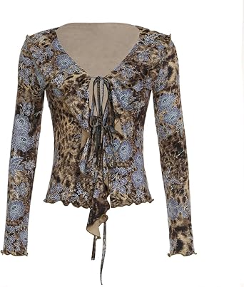 OCUH Leopard Print Tops for Women Sexy Lace Up Blouse Hollow Out Tops Coquette Clothes Going Out Party Fashion Hotsweet