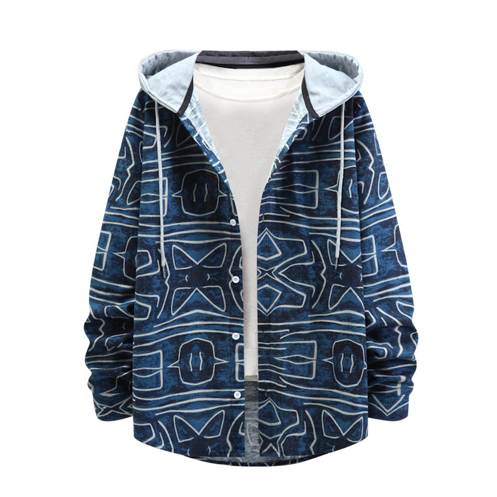 Flannel Plaid Hoodie Shirts for Men Button Down Casual Long Sleeve Hooded Tshirt Loose Fit Lightweight Jacket