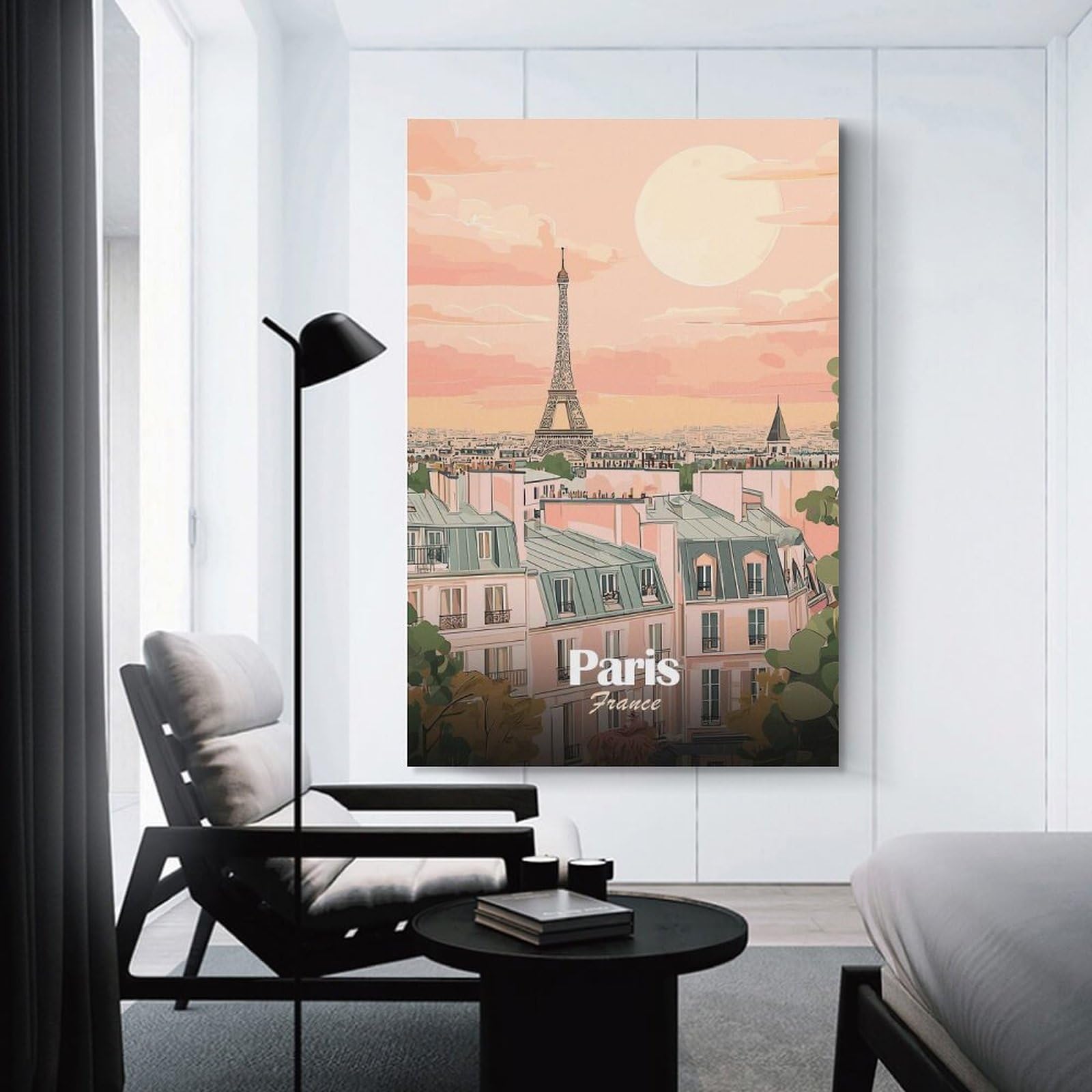 Junmoney Canvas Art Print Paris Skyline Illustration, 12x18inch(30x45cm), for Office, Study Or Home Workspace, Home Office Artwork with Decorative Appeal