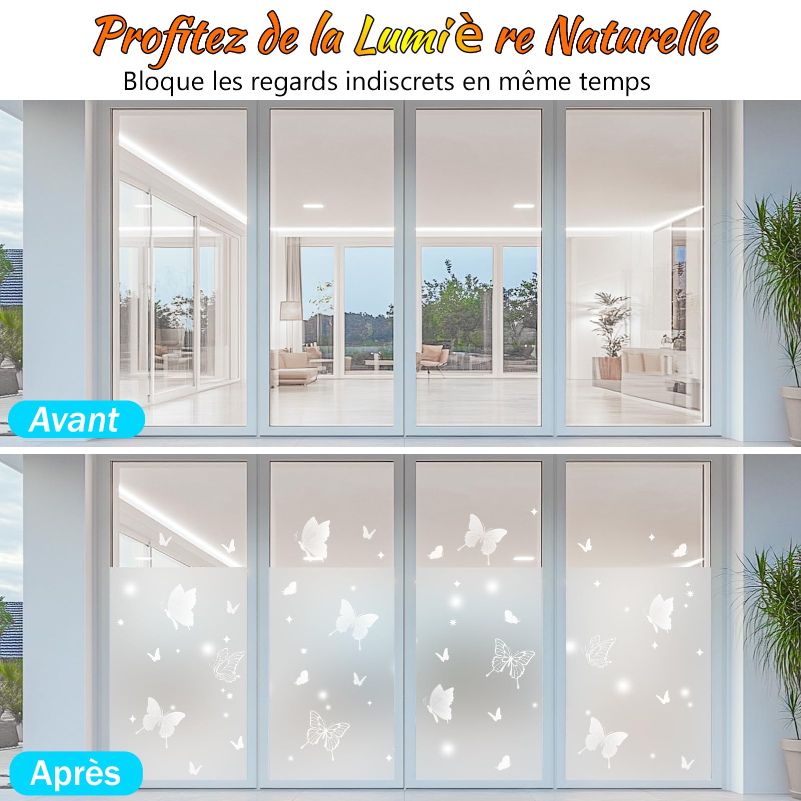 Film Pour Fenêtre Anti-Regard Décoratif Motif Papillons Givrés | Opaque Lumineux, Anti-UV, Non Adhésif | Dimensions 105x200 Cm - 5