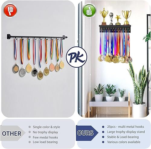 Miniatura 4 de Soporte para medallas, organizador de trofeos, resistente soporte de madera para trofeos con 25 ganchos de acero, colgador de medallas de montaje en