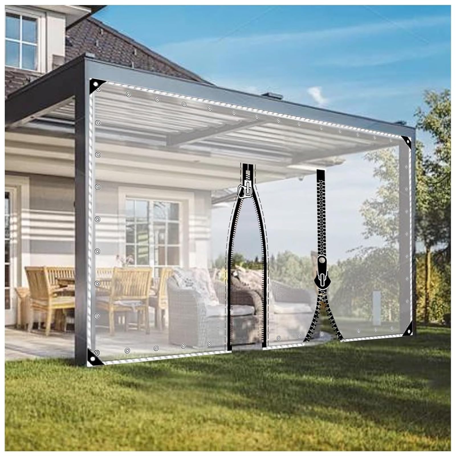 Juccjuxin One Color Clear Tarps Heavy Duty Pvc Transparent Tarp With Zipper Waterproof Windproof Anti-Tear Tarpaulin With Grommets For Greenhouse, Patio, Garden, Outdoor(H2.9xw2m/H9.5xw6.5ft)