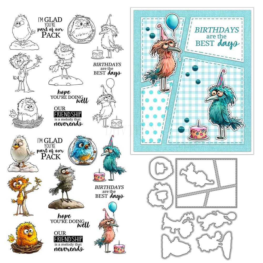 Birthday Bird Stamps and Die Cuts for Card Making Animal Transparent Silicone Clear Stamp and Metal Cutting Dies Sets for DIY Scrapbooking Paper Crafting Seals Decorative Supplies
