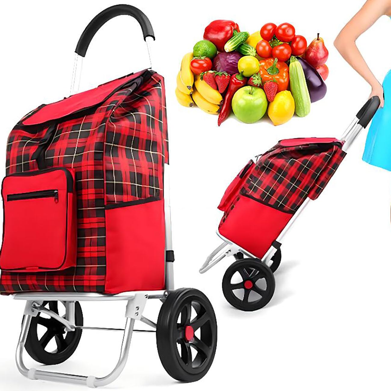 Wytrzymały składany wózek na zakupy 2 w 1, aluminiowy wózek spożywczy, pojemność 70 kg, zdejmowana torba, przenośny wózek użytkowy, do artykułów spożywczych, podróży