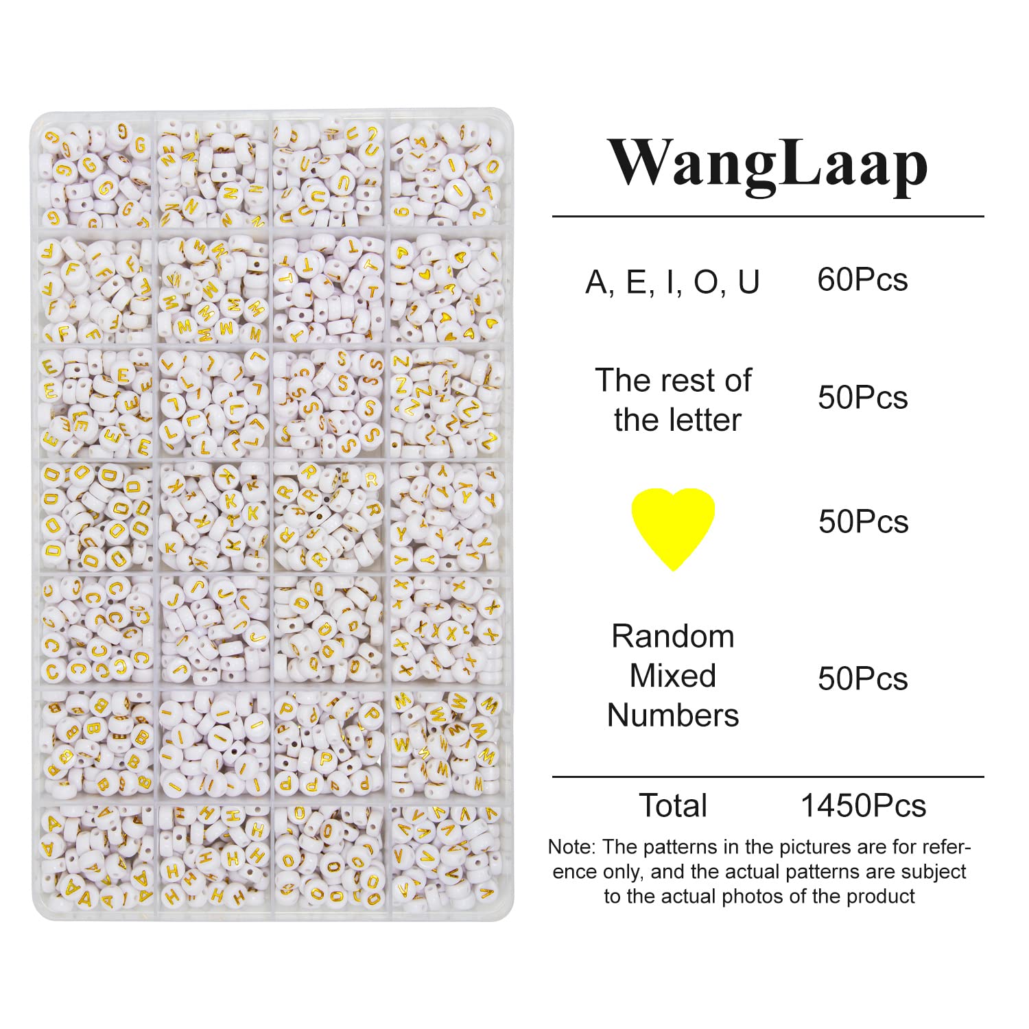 WangLaap 1450Pcs Acrylic 4x7mm Round Letter Beads Kits Alphabet A-Z (Extra for Vowel) and Gold Heart Number Beads for Bracelets Necklaces Jewelry Making (Gold and Numbers) - Image 2