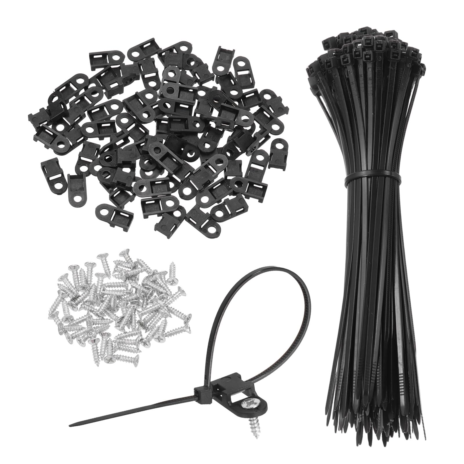 sourcing map 120pcs 19mm Cable Tie Saddle Type Mounts Base with 150mm Cable Zip Ties and M3 Tapping Screws, Wire Organizer Holder Clamps Set, Black