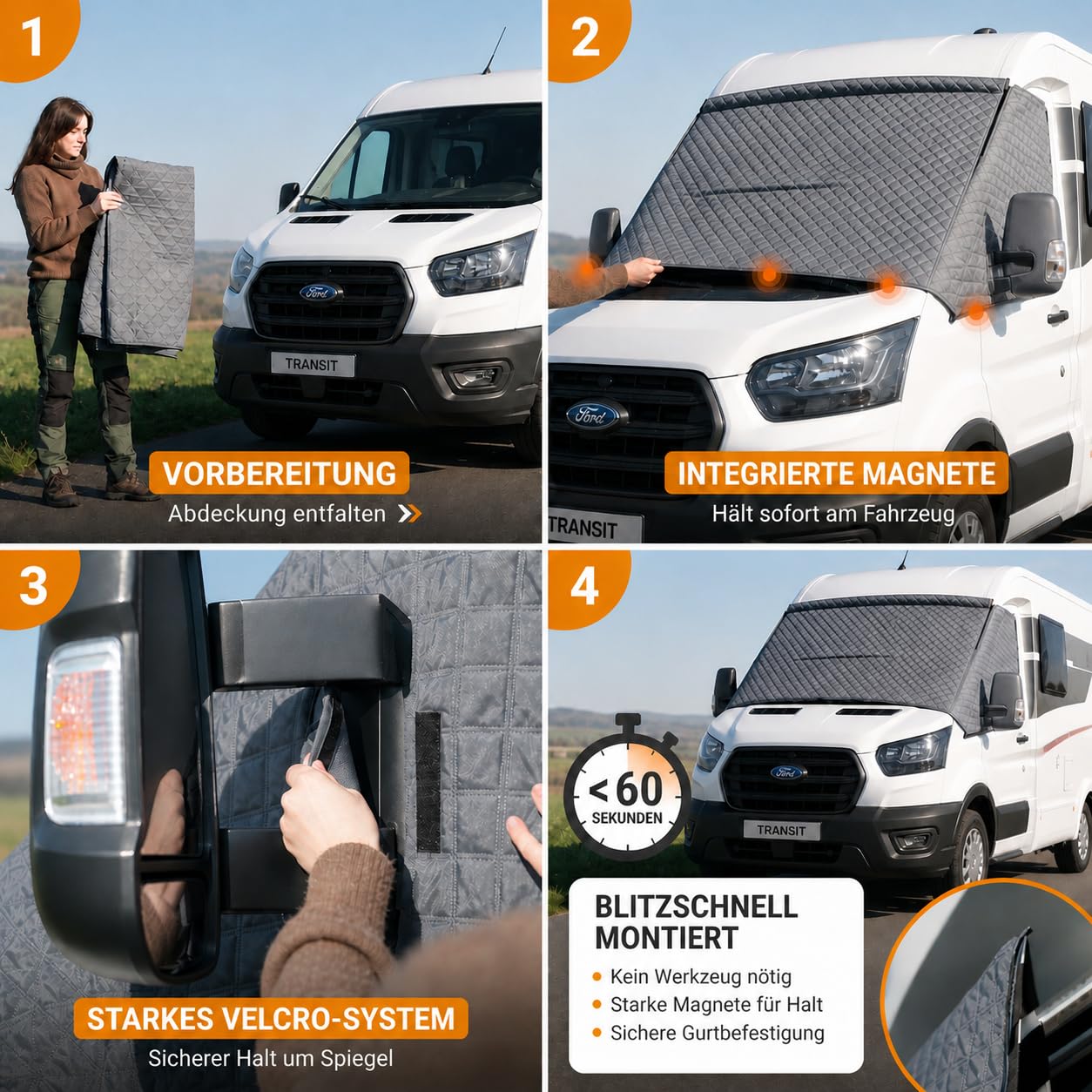 NATURIZ® Frontscheibenabdeckung Ford Transit – Premium Scheibenabdeckung - Thermomatte außen +Sonnenschutz für Wohnmobile – Winterabdeckung Wohnmobil und Kastenwagen, 2015-2026, MK8 & MK9