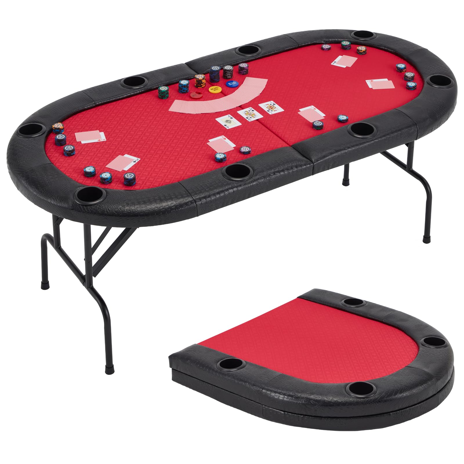 ECOTOUGE Poker Table Foldable, 8 Players Gaming Table w/Portable Oxford Bag, Folding Oval Texas Holdem Table with Stylish Padded Rails for Casino Leisure Game, No Assembly Required, Red