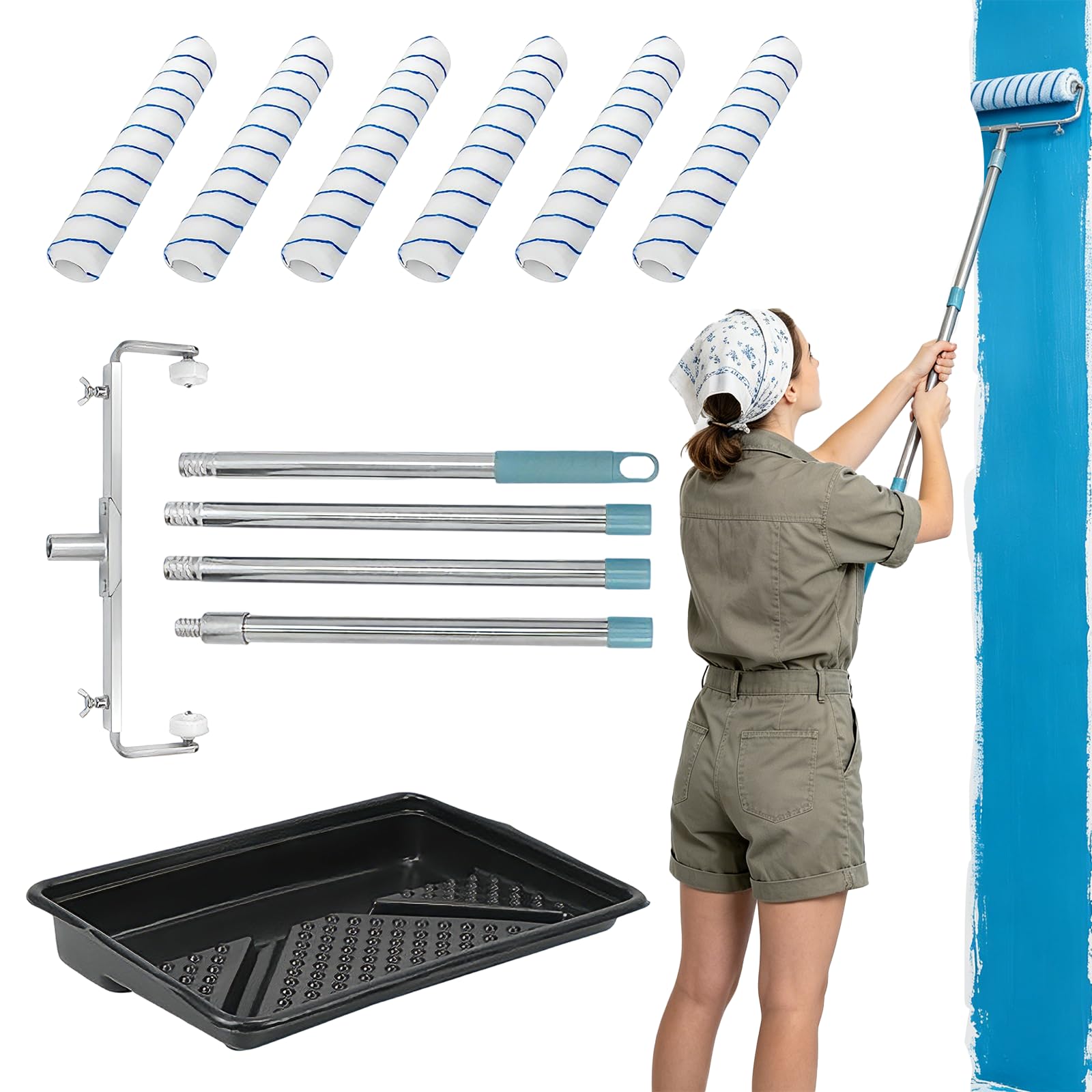 18 Inch Paint Roller Set with 6 Microfiber Rollers, Adjustable Frame & 63" Extension Pole Large Paint Roller Kit with Tray for Walls Ceilings Interior Exterior Painting
