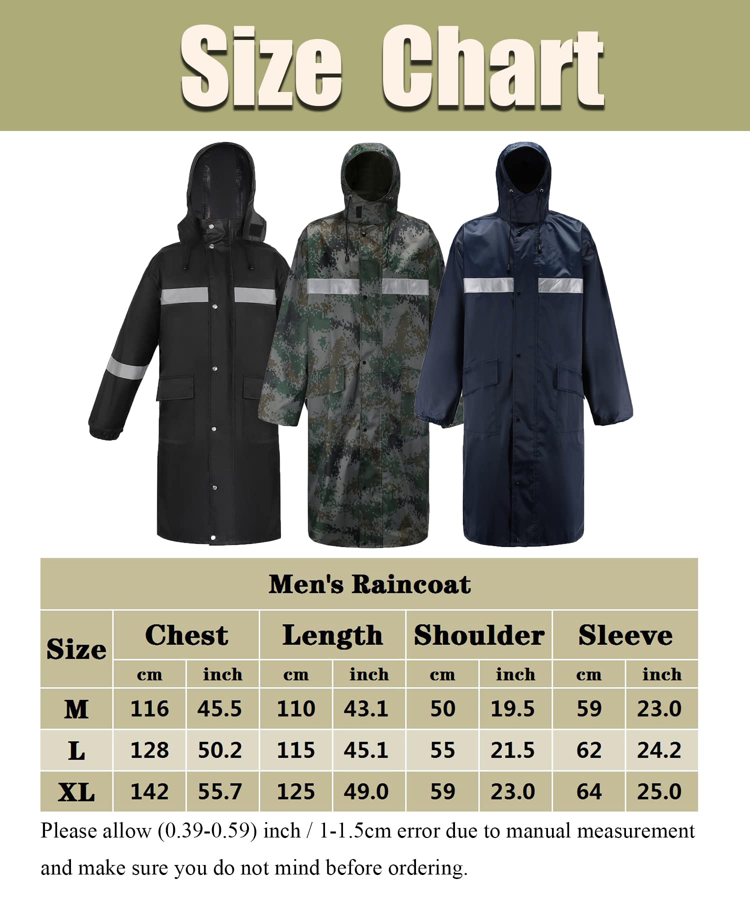 Hombre Chubasquero Plegable Reutilizable con Capucha Largo Impermeable Poncho de Lluvia con Tiras Reflectantes Impermeables Chaquetas