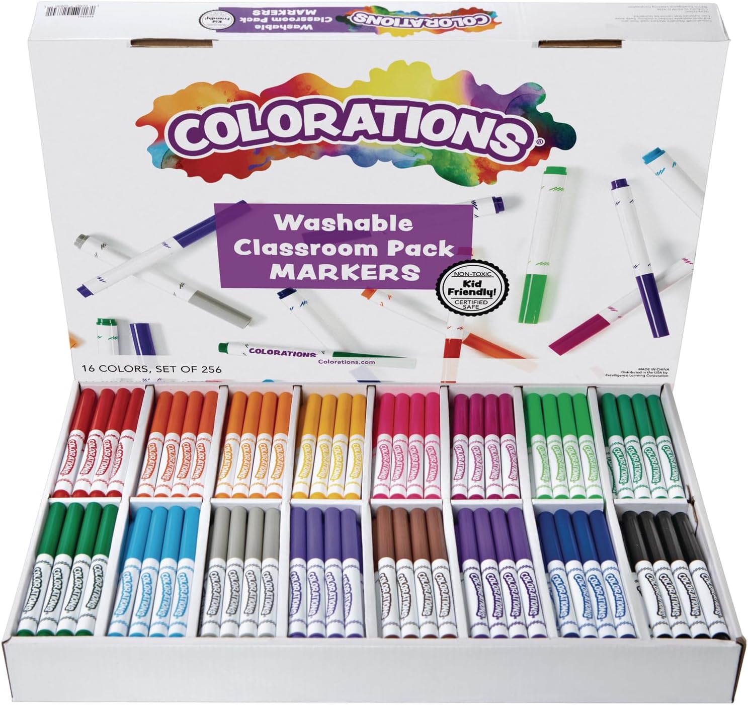 Washable Markers, Set of 256, 16 Colors, Non-Toxic, Bulk Art Supplies for Kids, Classroom Kit, Coloring Classroom Pack, Crafting Materials
