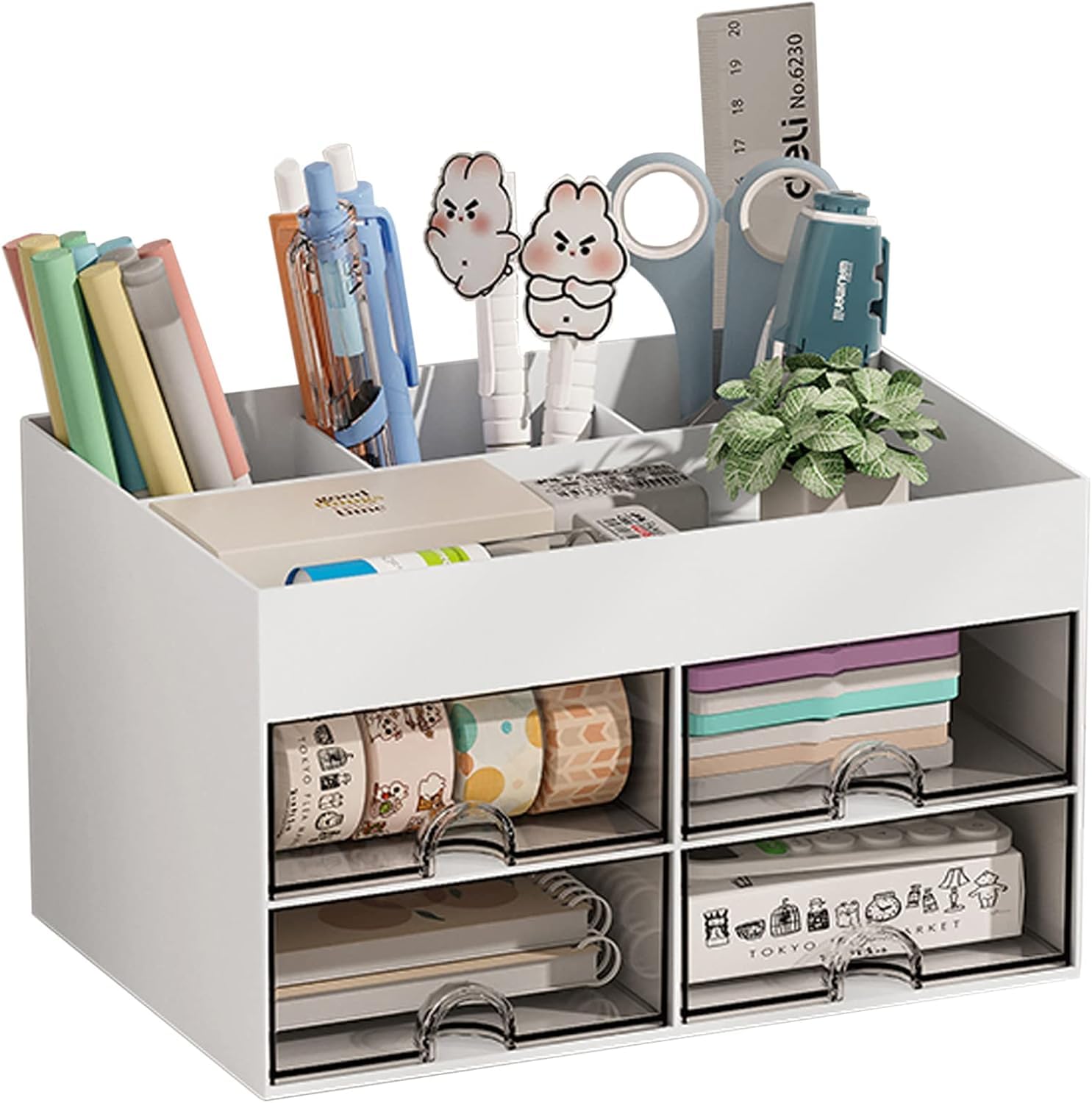 K.B. Sales Multi-Function Desk Organizer W/ 4 Drawer,Desktop Pen Pencil Card Holder Storage Box For Desk,Makeup Organizer,Office Supplies Desk Items For Office,Home,School(White)-Plastic,Stationery