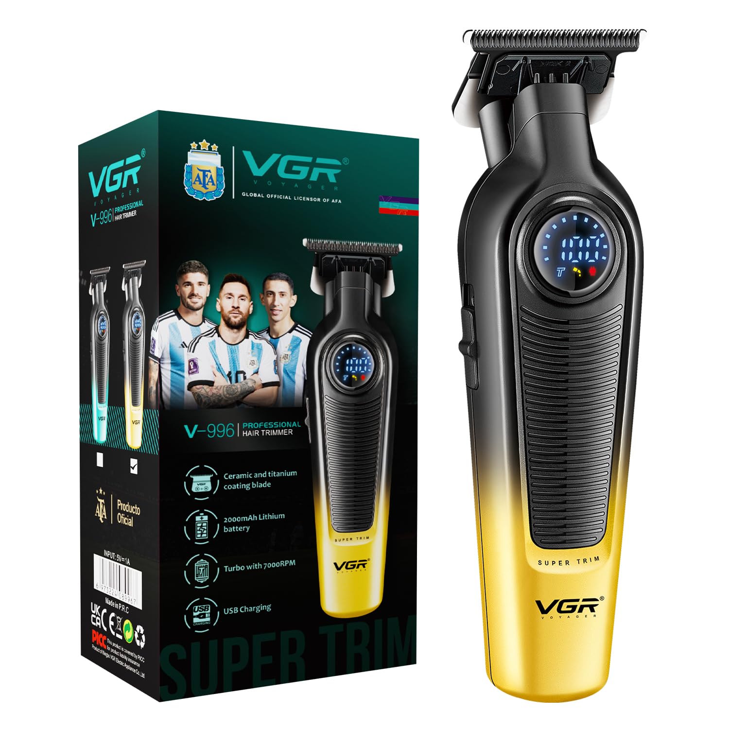 VGR V-996 Hair Trimmer features overview including LED display, blade, motor, and battery