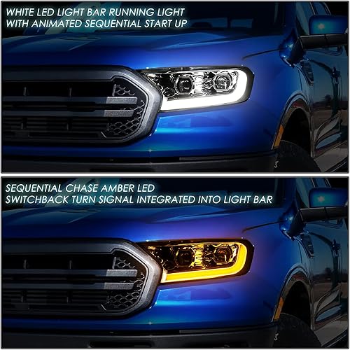 Miniatura 7 de DNA MOTORING HL-HPL-FR19-CH-AM LED DRL secuencial de persecución intermitente, doble proyector cromado, compatible con Ford Ranger XL XLT 2019-2022