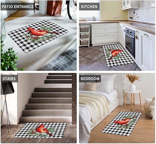 Vista 667 de Tapete de Feliz Navidad, tapete antideslizante para puerta delantera, baño, cocina, dormitorio, patio, entrada, 16 x 24 pulgadas, rojo, negro y verde