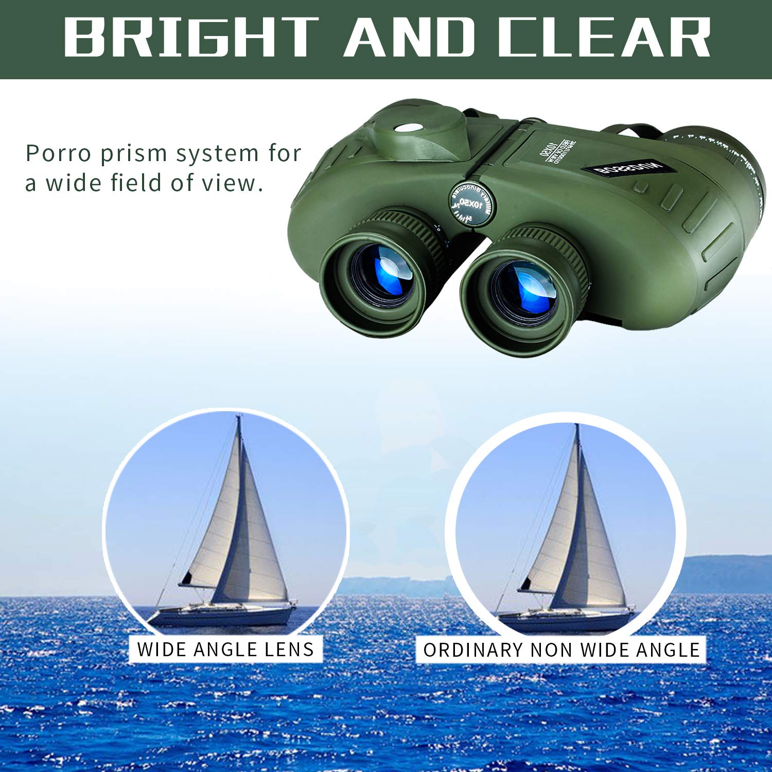 Binocolo Marino Mlitare Antiappannante Impermeabile 10x50, con Telemetro Interno e Bussola Obiettivo FMC con Prisma BAK4 per Navigazione, Canottaggio, Pesca,Sport Acquatici, Caccia