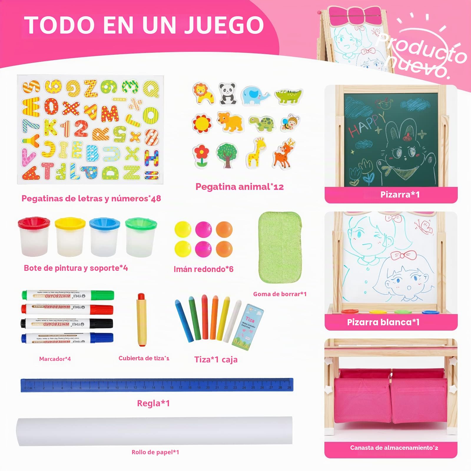 Caballete de Pintura Para niños de Madera,para Niños a Partir de 3 Años.Pizarra Infantil de Altura Regulable con Rollo de Papel,Pizarra,Pizarra Blanca,Set de Pintura y Bolsa de Almacenamiento.Rosa