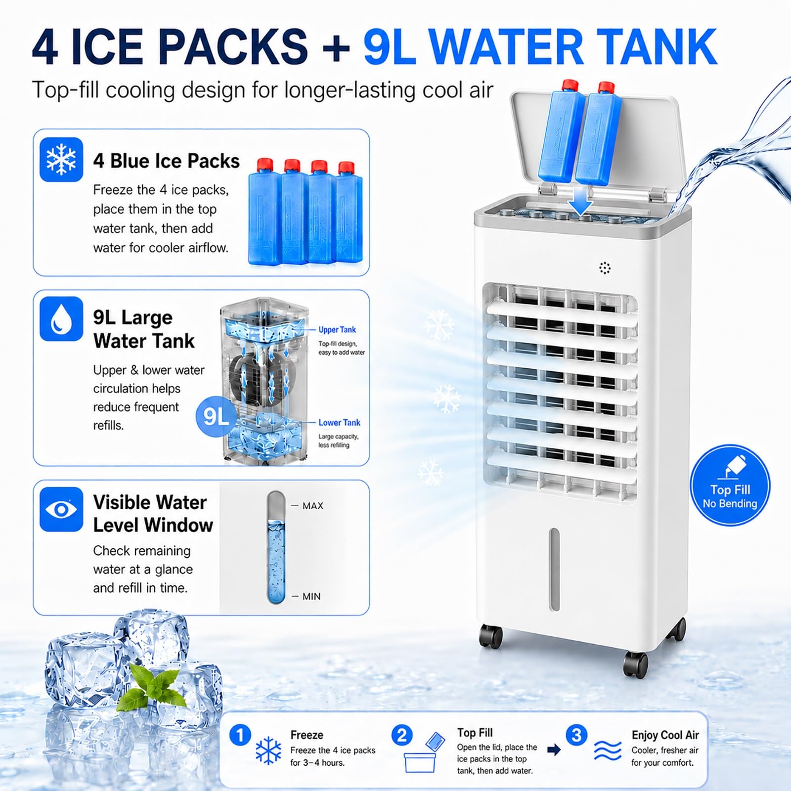 Enfriador de Aire, Climatizador Evaporativo Portátil | Oscilación 120°, 3 Velocidades, 75W, con depósito de 9 L, para Hogar, Oficina, Dormitorio(White)
