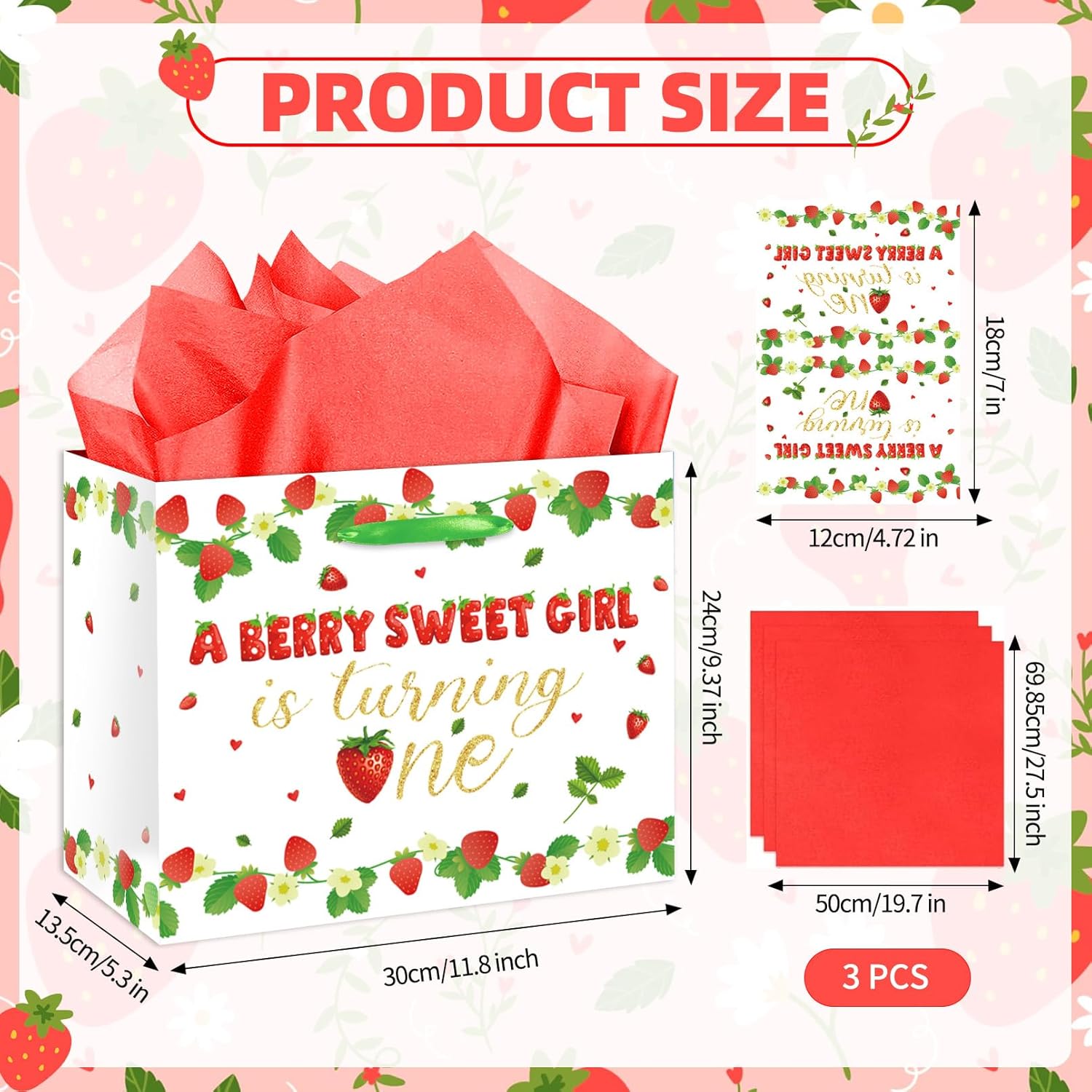 EIGHTSTATES Large Strawberry 1st Birthday Gift Bag Set, Berry Sweet Girl Turning One Party Supplies with Greeting Card & Tissue Paper, Baby Girls Gift wrapping paper for Baby Shower Decorations - Image 2