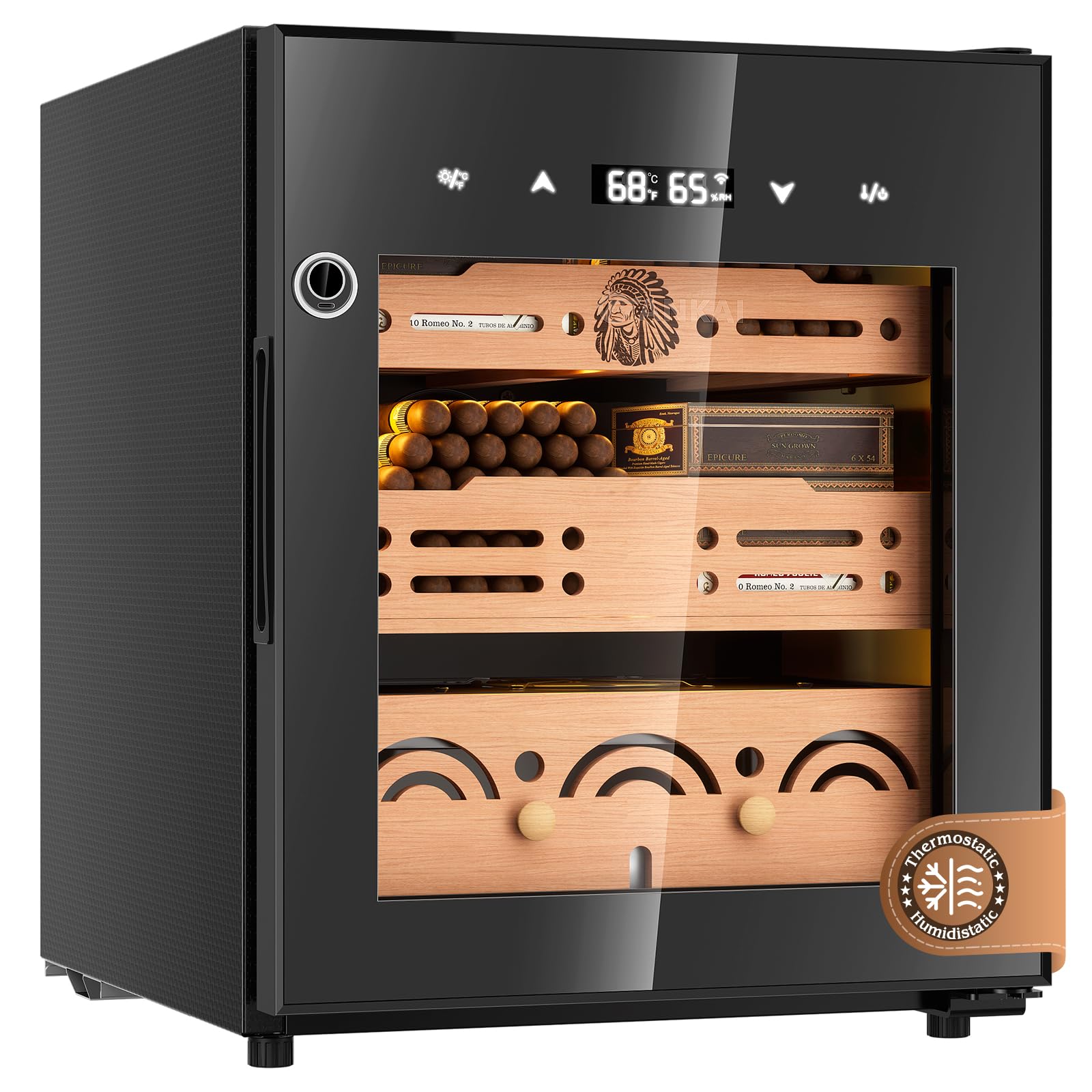 Electric Cigar Humidor Cabinet with Temperature &amp; Humidity Control System, 50L Cooling Cigar Fridge up to 300 Counts, Cedar Wood Shelves,Digital LED Screen,Fingerprint Safety Lock,Gift for Men