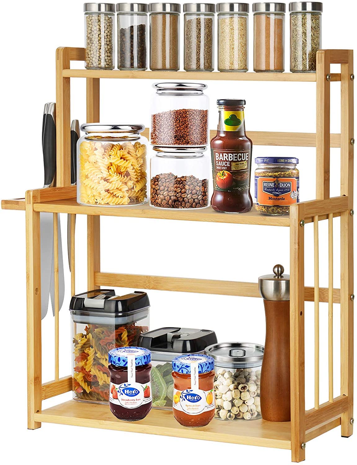 MYUYEE Spice Rack, 3-Tier Kitchen Countertop Organizer Holder Racks, Freestanding Jar Rack With Knife Holder, Seasoning Rack For Jars & Herbs, Storage Shelf For Kitchen Bathr