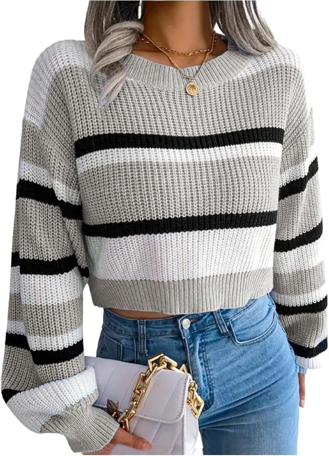 Floerns Women's Y2k Striped Crewneck Sweater Long Sleeve Knitted Fall Outfit Pullover Tops