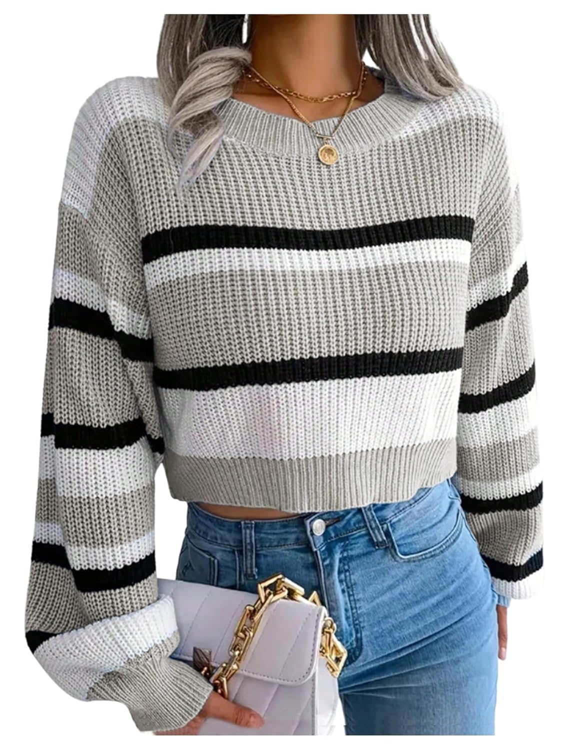 Floerns Womens Y2k Striped Crewneck Sweater Long Sleeve Knitted Fall Outfit Pullover Tops