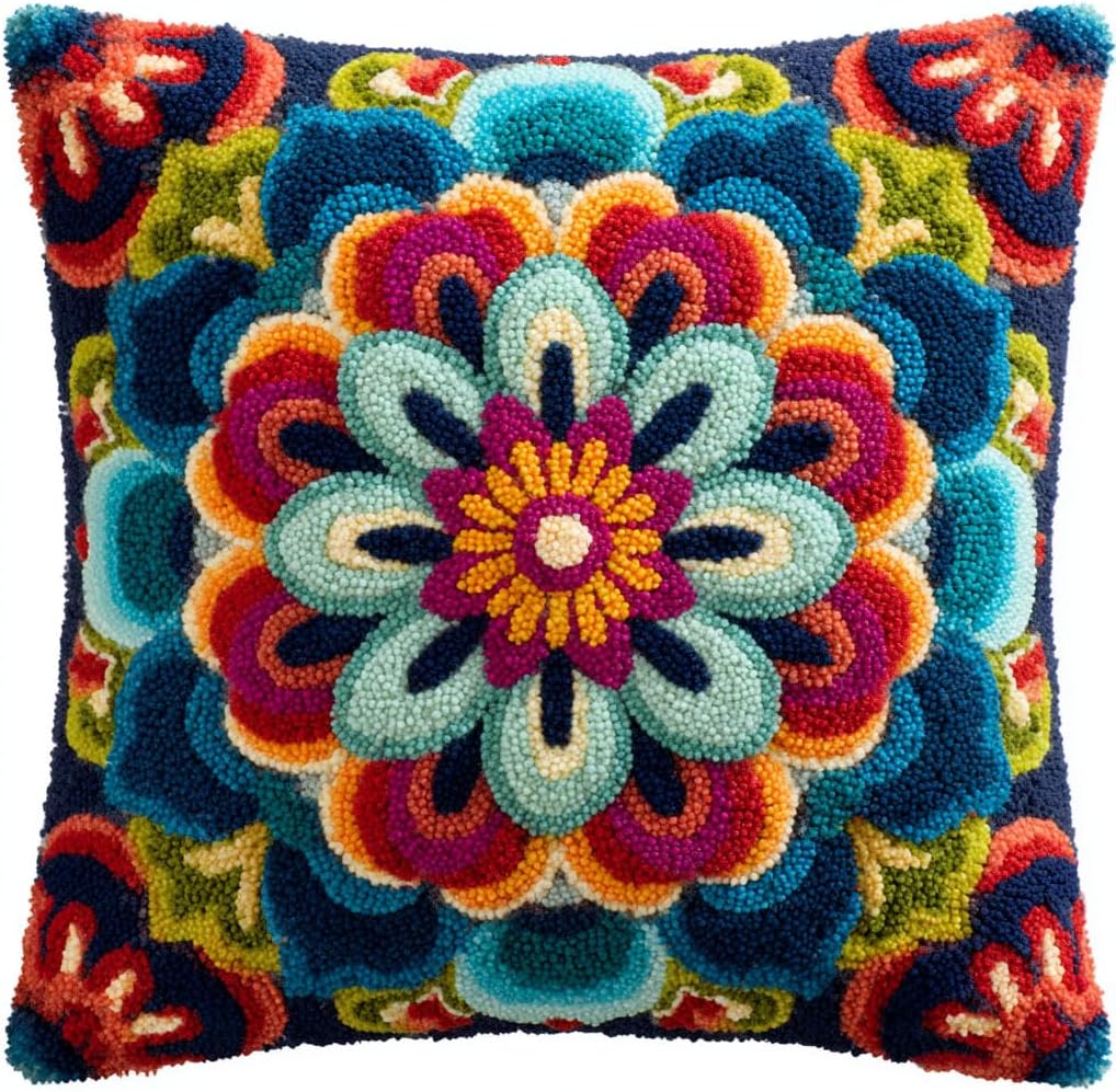 AMBATTERY Latch Hook Kits for Adults Beginners Colorful Flowers DIY Crochet Pillow Kit Pre-Printed Pillowcase Hook and Latch Rug Kits Needlework Cushion Cover 17x17 in