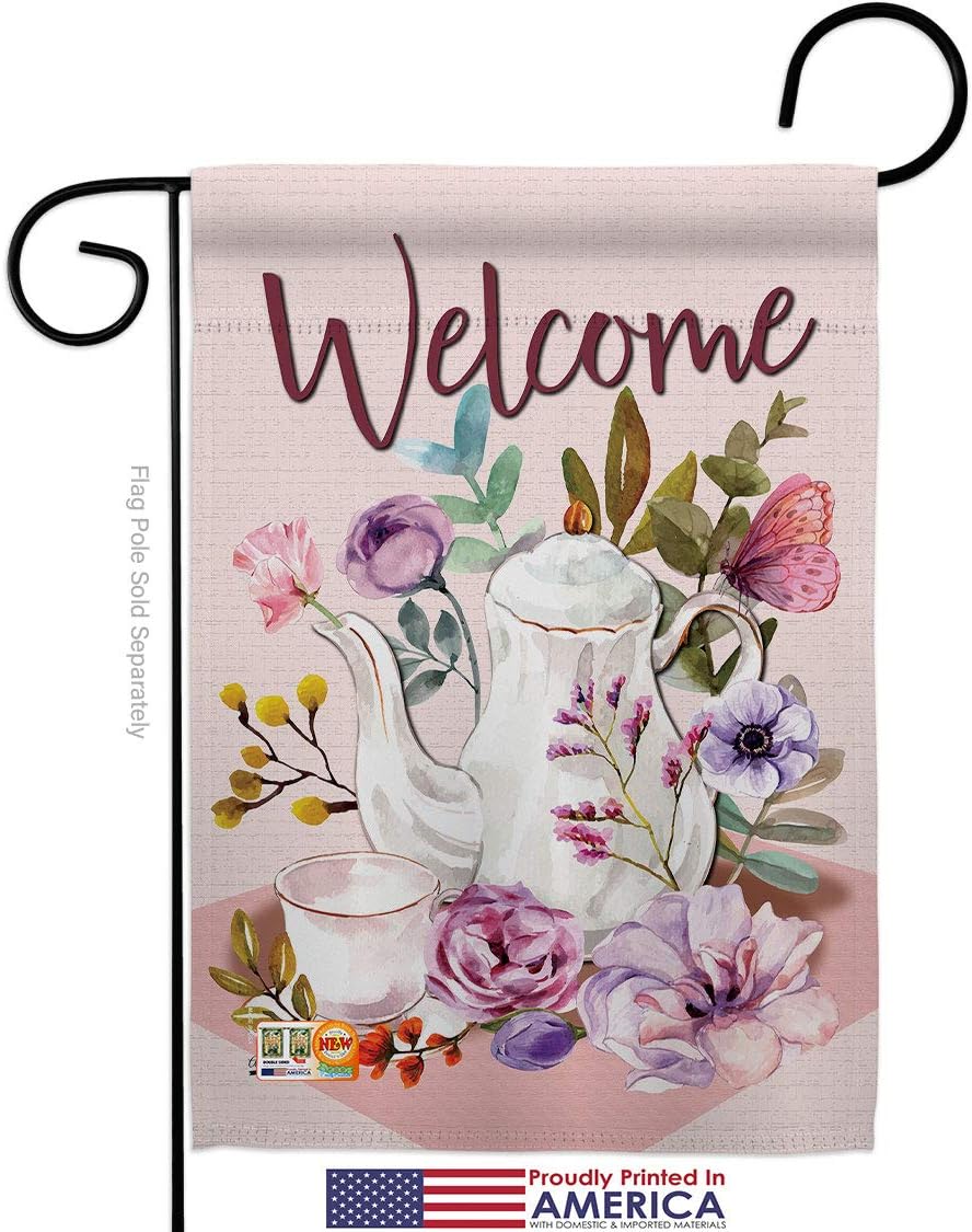 Garden Afternoon Tea Flag Set Wood Dowel Beverages Coffee Latte Capucchino Expresso Drink Cream Cup Teapot Small Decorative Gift Yard House Banner Made In USA 13 X 18.5