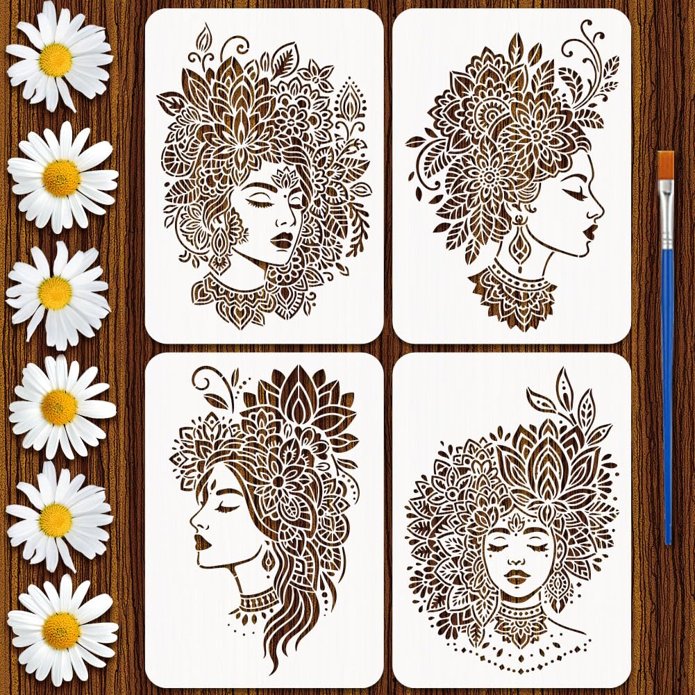 FINGERINSPIRE 4PCS Mandala Women Stencils with Brush 21x29.7cm Floral Women Painting Stencils Woman Design Stencil Thickened PET Plastic Stencil for Painting on Wood Wall Furniture