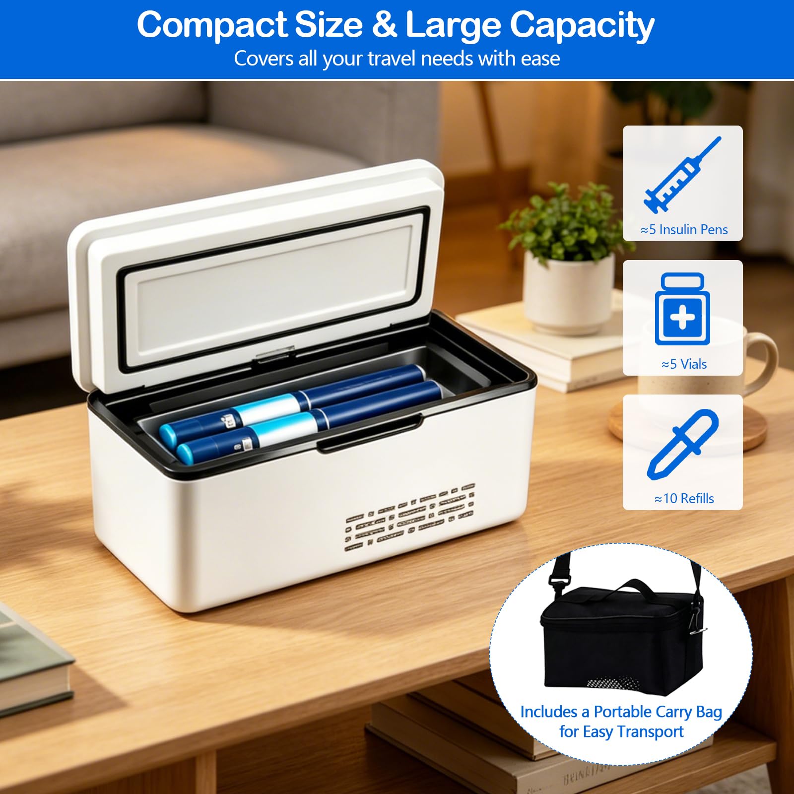 Nevera portátil de insulina, 2 – 8 °C, refrigerador de medicina con batería de 2 x 10200 mAh y bolsa de transporte, advertencia inteligente de batería, bolsa de insulina para casa, coche y