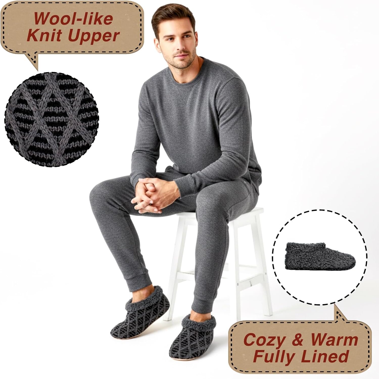 cosyone1997 2-Pair Men's Slipper Socks Fluffy Sherpa Lined, Winter Cable Knit Warm Gripper Sock Set Non-Skid Soles, Cozy Gifts for Men, Sizes 8-15 - Image 4