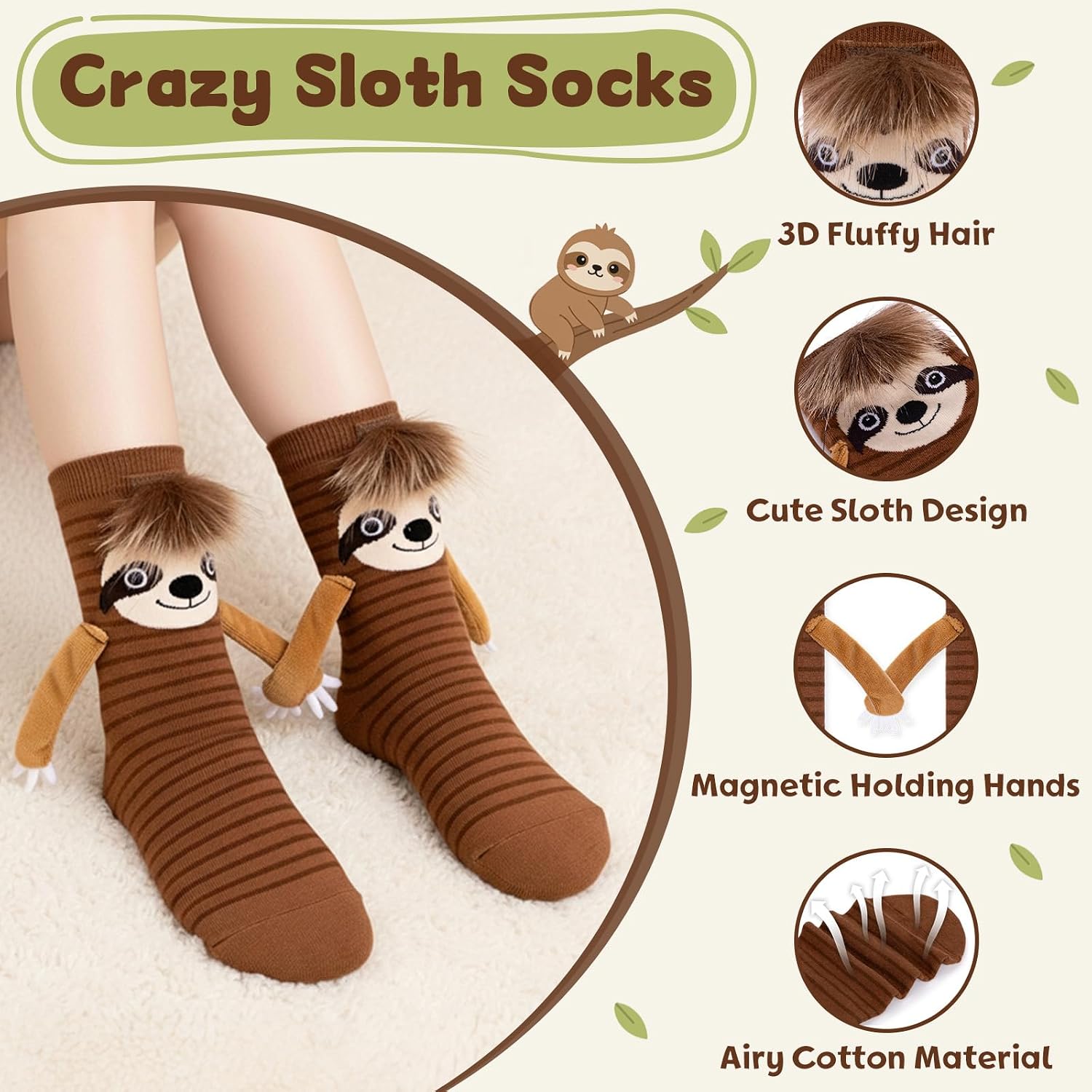 FunisFun Sloth Socks with Magnetic Holding Hands Funny Animal Crazy Socks for Women Kids Ideal Sloth Gifts for Girls Birthday