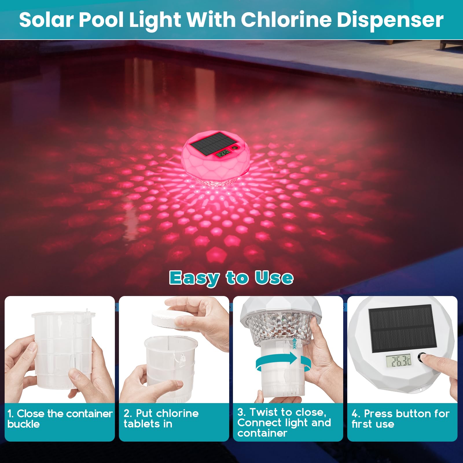 Dosierschwimmer Pool mit Solar Lichter, Thermometer, Solar Poolbeleuchtung mit Fernbedienung, 8 Farbmodi, Timer, Wasserdichte, Pool Chlortabletten Dosierer Schwimmer für Whirlpool, Spa, Teich Deko