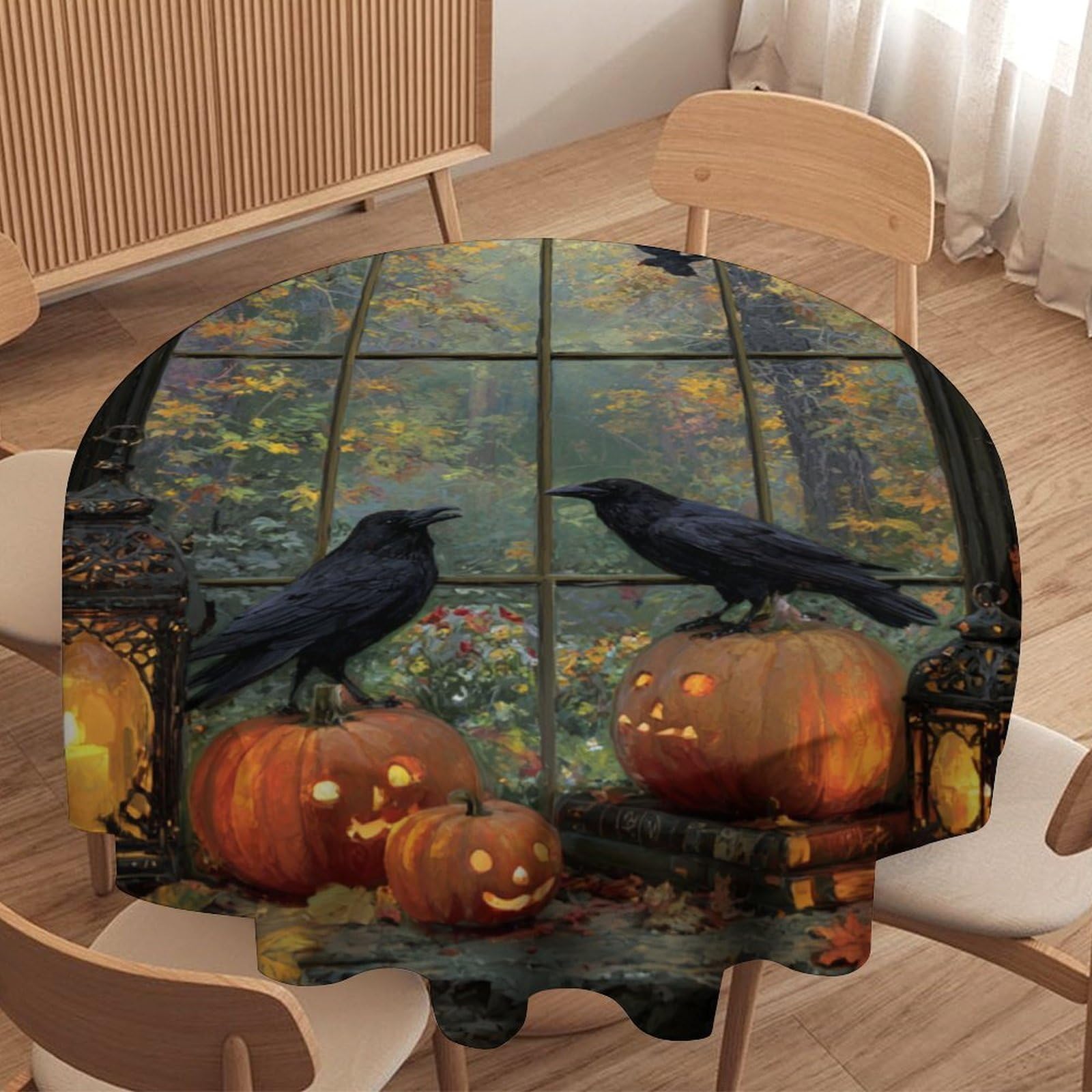 LUYYSKY Retro Realistic Gothic Raven Waterproof Round Tablecloth Modern Art Halloween Animals Crows Maple Leaves Pumpkins Washable Table Cover for Kitchen-91.4" Wx91.4 L cm
