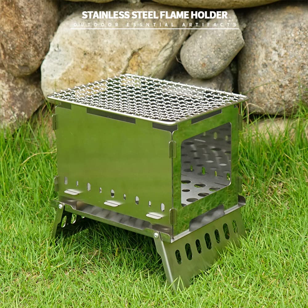 3-in-1 Campingkocher aus Edelstahl · Faltbarer Holzofen mit 3 Aufsätzen (Grillrost, parallele & gekreuzte Halterungen) · Für BBQ, Picknick, Wandern & Reisen