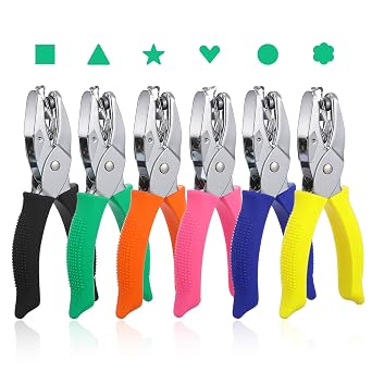 6 Pcs Craft Hole Punchers Set, Handheld Metal Hole Punch Single, Soft-Grip Handles, 1/4" Round Heart Star Flower 3/16" Triangle Square Holes for DIY Tags Ticket Scrapbook 6 Randon Colors
