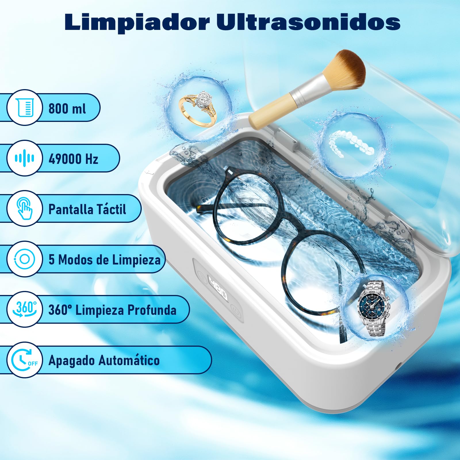 Limpiador Ultrasonidos Olubfdh,800 ml Ultrasonidos Limpieza,49000 HZ Limpiador Ultrasónico Joyas con 5 Modos de Tiempo para Relojes,Joyas,Joyas,Anillos,Relojes,Gafas,Dentaduras Postizas