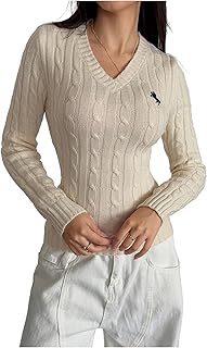 WDIRARA Women's Embroidered V Neck Long Sleeve Sweater Casual Cable Knit Pullover Tops Price In India