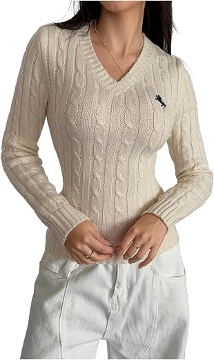 WDIRARA Women's Embroidered V Neck Long Sleeve Sweater Casual Cable Knit Pullover Tops